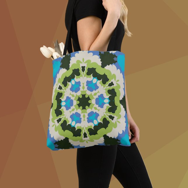 Retro Mandala Blue Grönt White and Black Tygkasse (Skapare uppladdad)