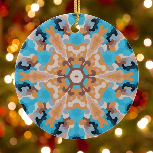 Retro Mandala Blue och Orange Julgransprydnad Keramik (Blue and Orange Retro Mandala Ornament by Wormhole Orbital)