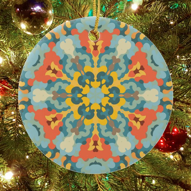 Retro Mandala Blue Orange och Gult Julgransprydnad Keramik (Blue Orange and Yellow Retro Mandala Christmas Ornament from Wormhole Orbital)