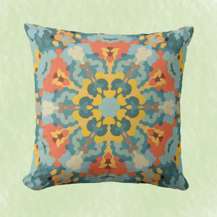 Retro Mandala Blue Orange och Gult Kudde