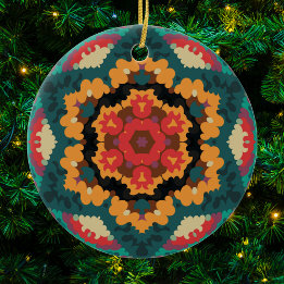 Retro Mandala Blue Orange och Red Julgransprydnad Keramik