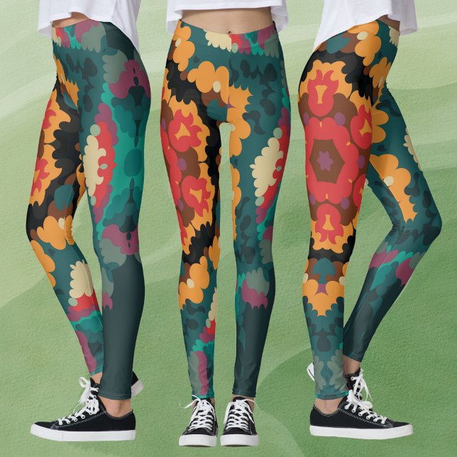 Retro Mandala Blue Orange och Red Leggings (Skapare uppladdad)