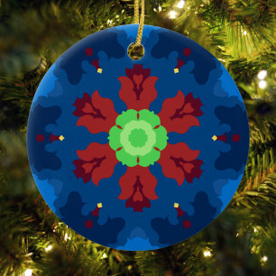Retro Mandala Blue Red and Grönt Julgransprydnad Keramik