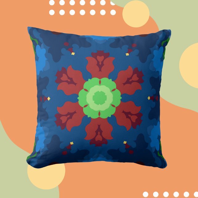 Retro Mandala Blue Red and Grönt Kudde (Skapare uppladdad)