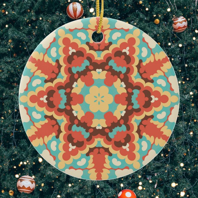 Retro Mandala Blue Red and Gult Julgransprydnad Keramik (Blue Red and Yellow Retro Mandala Christmas Ornament from Wormhole Orbital)