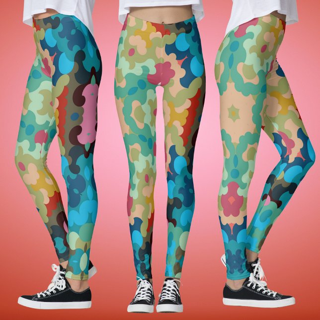 Retro Mandala Flower Blue Grönt och Rosa Leggings (Skapare uppladdad)