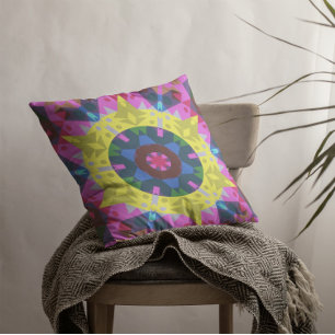 Retro Mandala Flower Blue Gult och Rosa Kudde