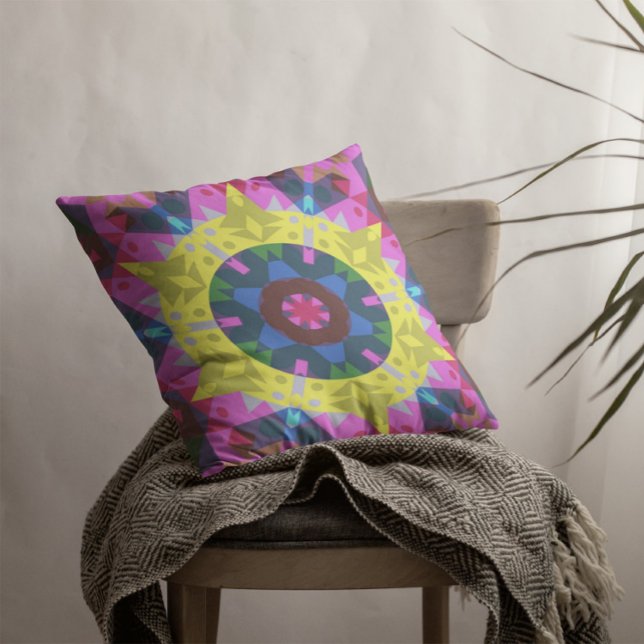 Retro Mandala Flower Blue Gult och Rosa Kudde (Skapare uppladdad)
