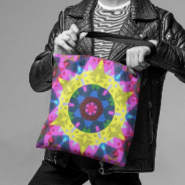 Retro Mandala Flower Blue Gult och Rosa Tygkasse