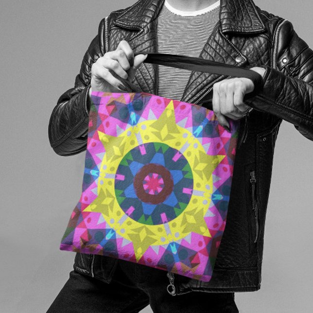 Retro Mandala Flower Blue Gult och Rosa Tygkasse (Skapare uppladdad)