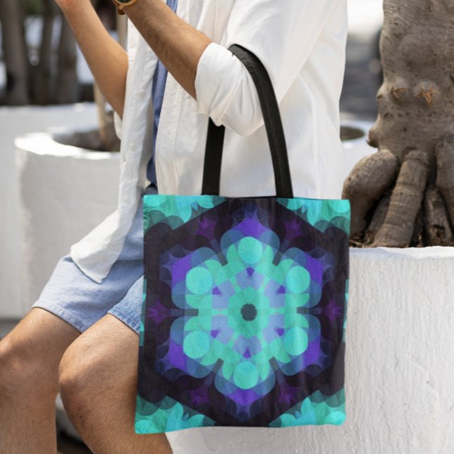 Retro Mandala Flower Blue Lila and Grönt Tygkasse (Skapare uppladdad)