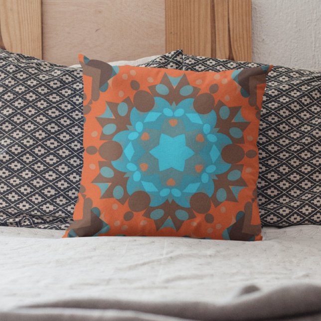 Retro Mandala Flower Blue och Orange Kudde (Skapare uppladdad)