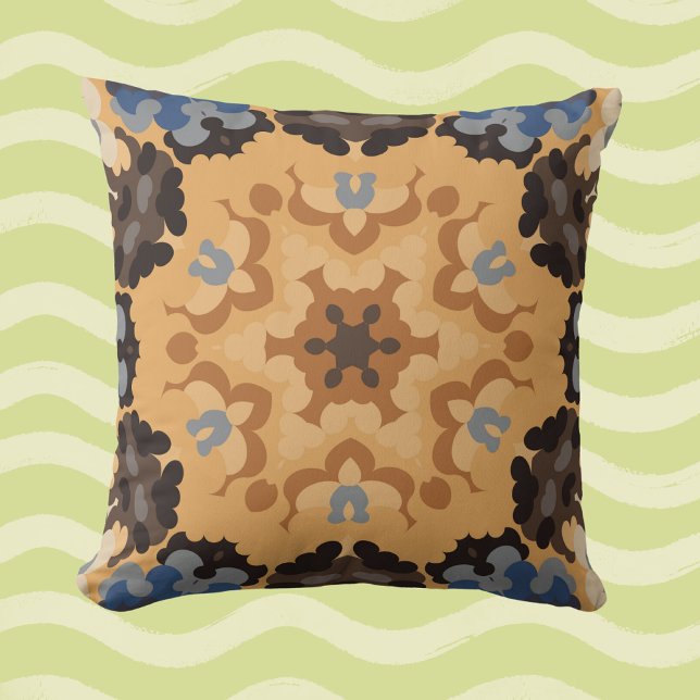 Retro Mandala Flower Blue Orange and Brown Kudde (Skapare uppladdad)