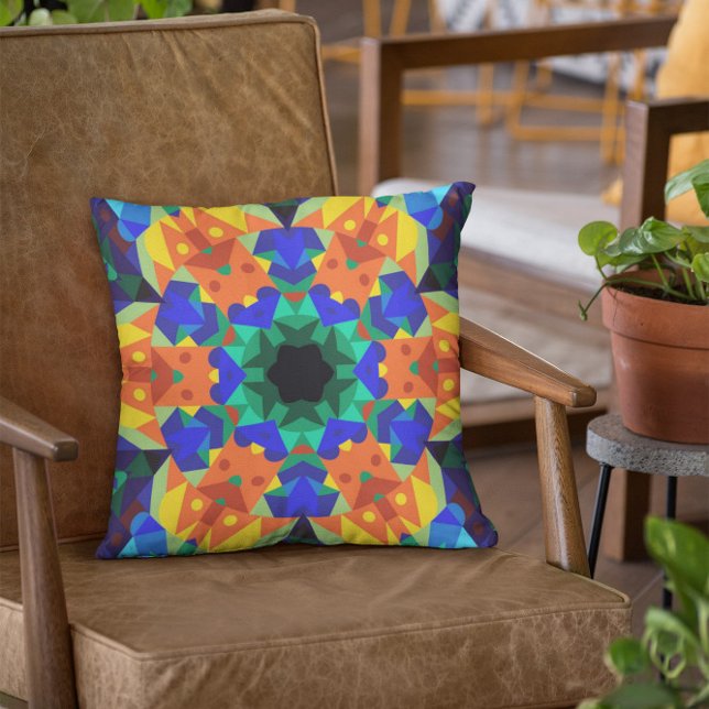Retro Mandala Flower Blue-Orange och -Grönt Kudde (Skapare uppladdad)