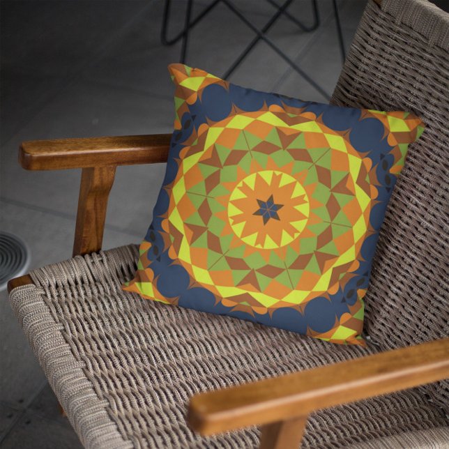 Retro Mandala Flower Blue-Orange och -Gult Kudde (Skapare uppladdad)