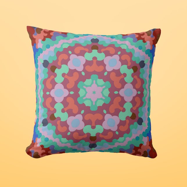Retro Mandala Flower Blue Red and Teal Kudde (Skapare uppladdad)
