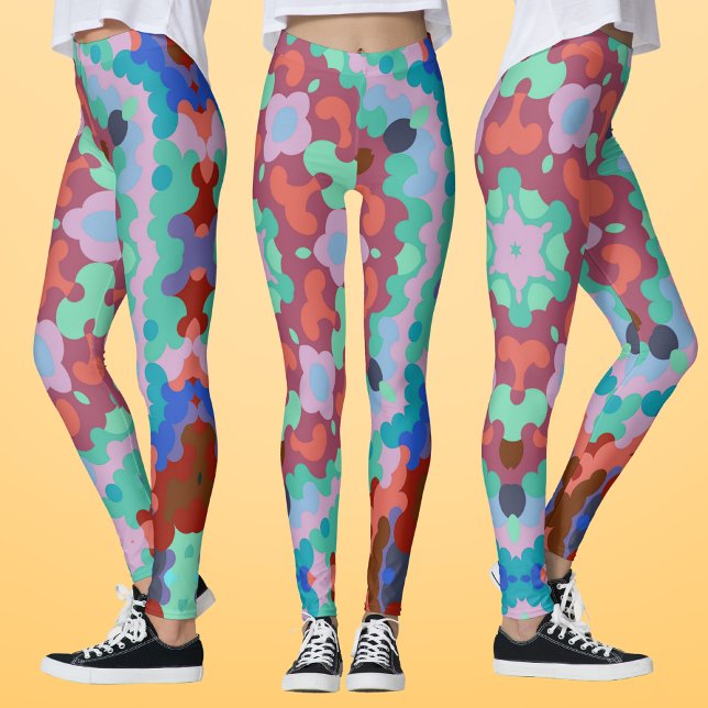 Retro Mandala Flower Blue Red and Teal Leggings (Skapare uppladdad)