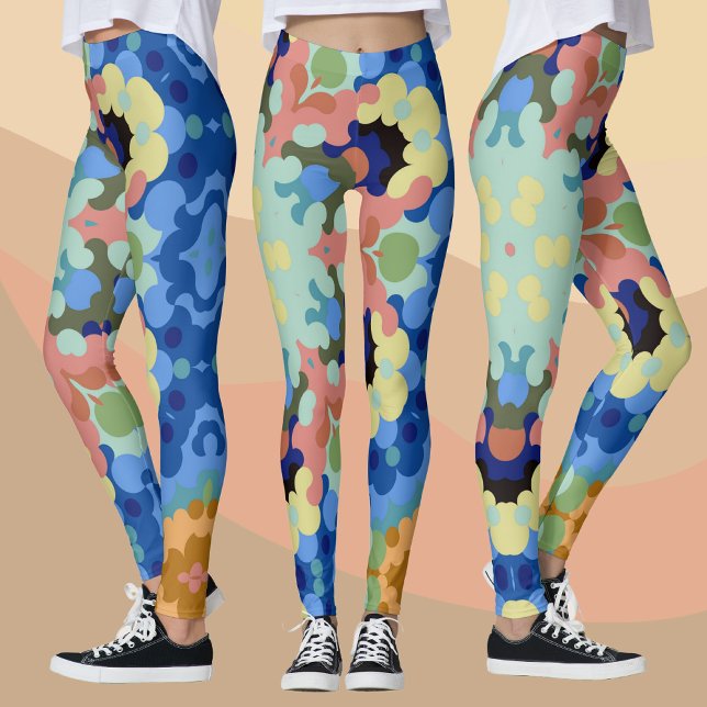 Retro Mandala Flower Blue Rosa and Gult Leggings (Skapare uppladdad)