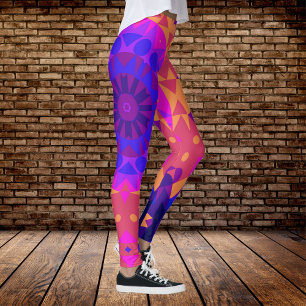Retro Mandala Flower Blue Rosa and Orange Leggings