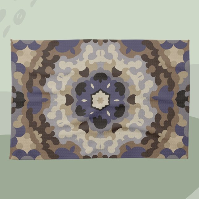 Retro Mandala Flower Blue Tan och Brown Kökshandduk (Skapare uppladdad)