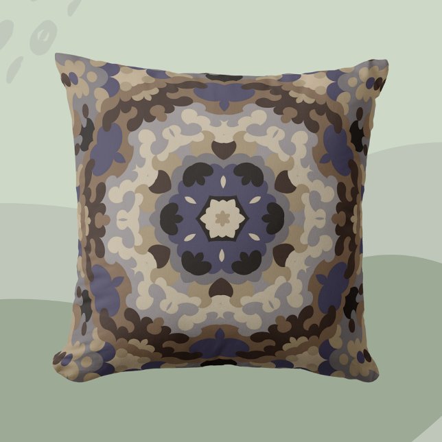 Retro Mandala Flower Blue Tan och Brown Kudde (Skapare uppladdad)