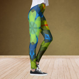 Retro Mandala Flower Grönt Blue och Orange Leggings