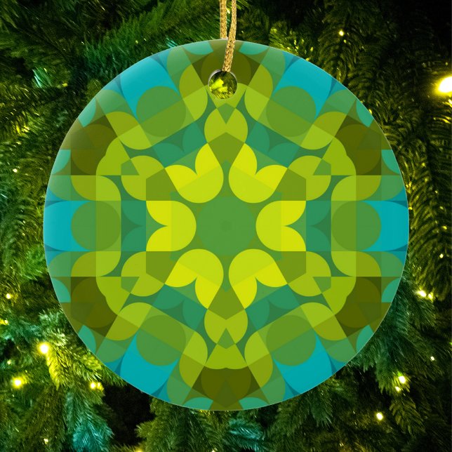 Retro Mandala Flower Grönt Gult och Blue Julgransprydnad Keramik (Skapare uppladdad)