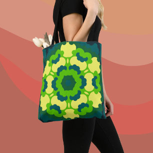 Retro Mandala Flower Grönt Gult och Blue Tygkasse