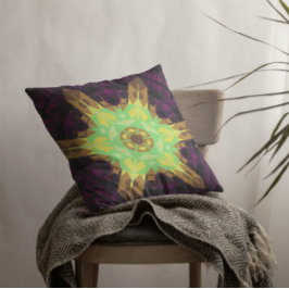 Retro Mandala Flower Grönt Gult och Lila Kudde