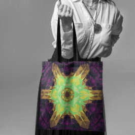 Retro Mandala Flower Grönt Gult och Lila Tygkasse