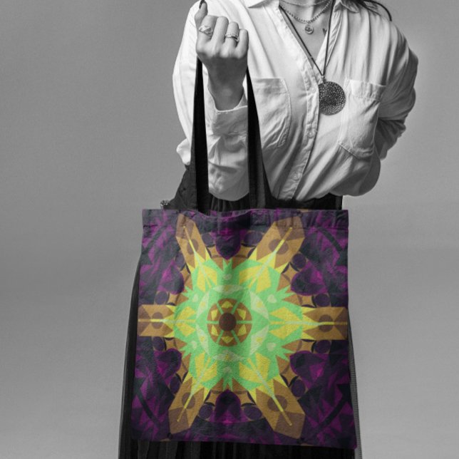 Retro Mandala Flower Grönt Gult och Lila Tygkasse (Skapare uppladdad)