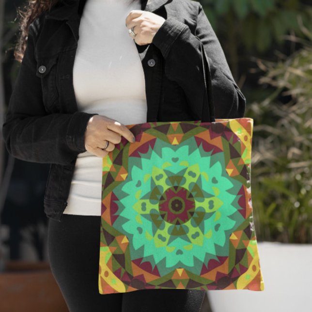 Retro Mandala Flower Grönt Lila och Orange Tygkasse (Skapare uppladdad)