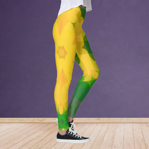 Retro Mandala Flower Grönt och Gult Leggings