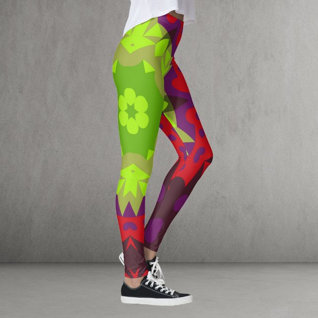 Retro Mandala Flower Grönt Red and Lila Leggings (Skapare uppladdad)