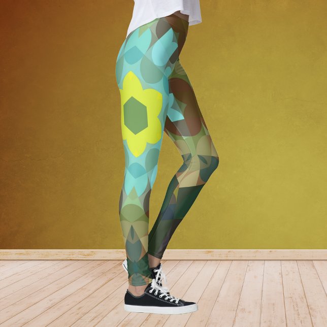 Retro Mandala Flower Gult Blue och Brown Leggings (Skapare uppladdad)