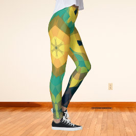 Retro Mandala Flower Gult Blue och Grönt Leggings