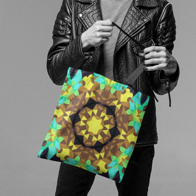 Retro Mandala Flower Gult Blue och Grönt Tygkasse (Skapare uppladdad)