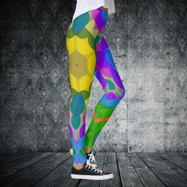 Retro Mandala Flower Gult Blue och Lila Leggings (Skapare uppladdad)