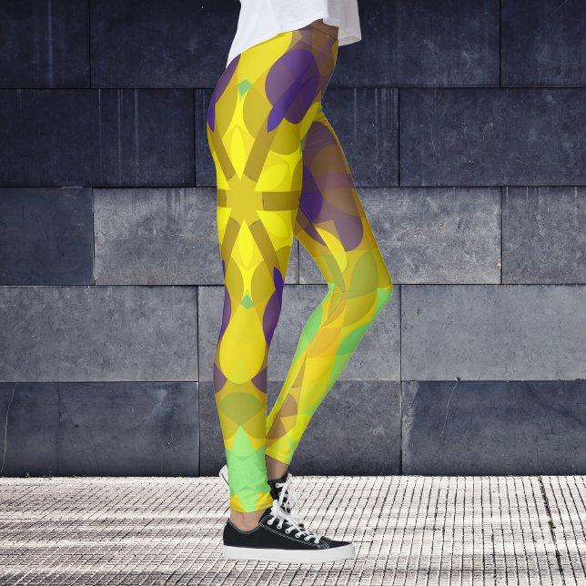 Retro Mandala Flower Gult Lila och Grönt Leggings (Skapare uppladdad)