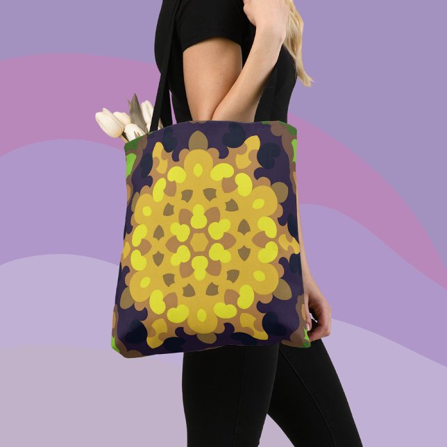 Retro Mandala Flower Gult Lila och Grönt Tygkasse (Skapare uppladdad)