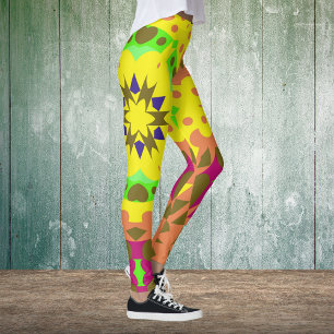 Retro Mandala Flower Gult Orange Grönt och Rosa Leggings