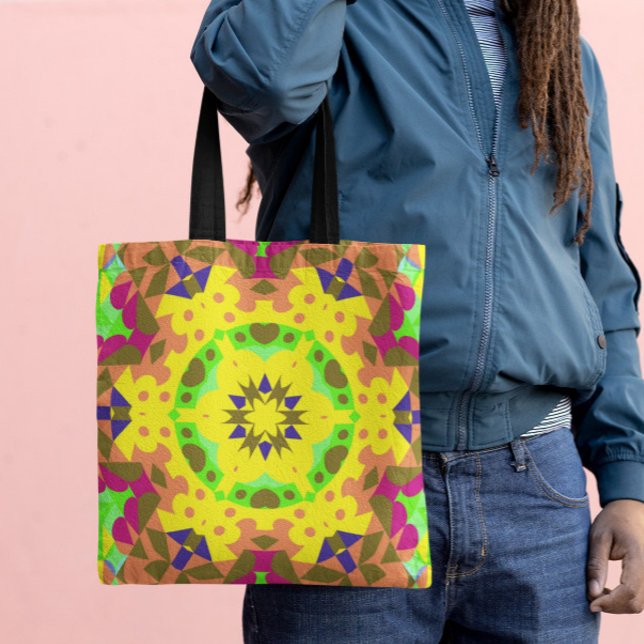 Retro Mandala Flower Gult Orange Grönt och Rosa Tygkasse (Skapare uppladdad)