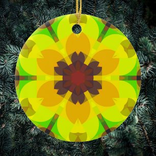 Retro Mandala Flower Gult Orange och Grönt Julgransprydnad Keramik