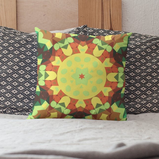 Retro Mandala Flower Gult Orange och Grönt Kudde (Skapare uppladdad)