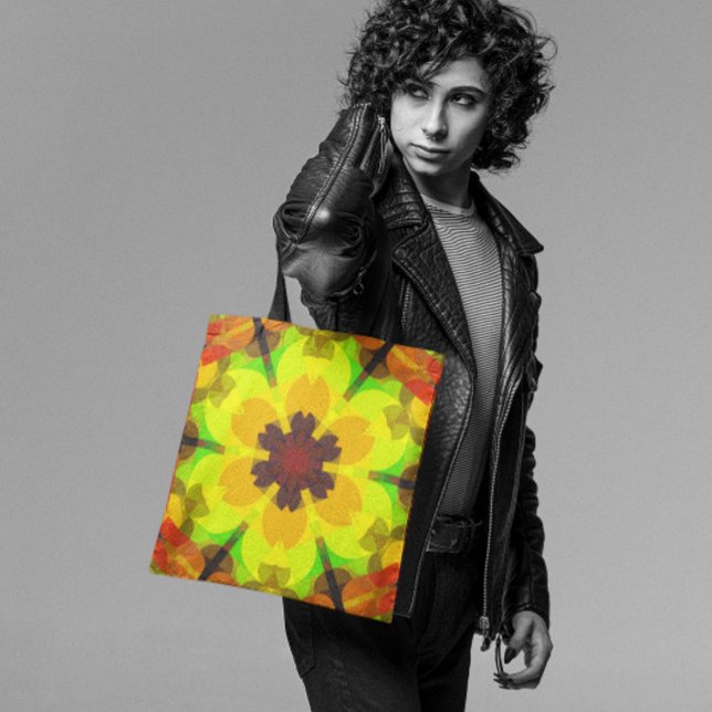 Retro Mandala Flower Gult Orange och Grönt Tygkasse (Skapare uppladdad)