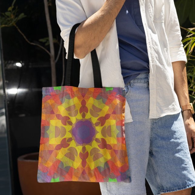 Retro Mandala Flower Gult Orange och Lila Tygkasse (Skapare uppladdad)