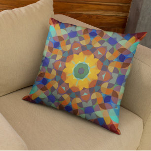 Retro Mandala Flower Orange Blue och Grönt Kudde