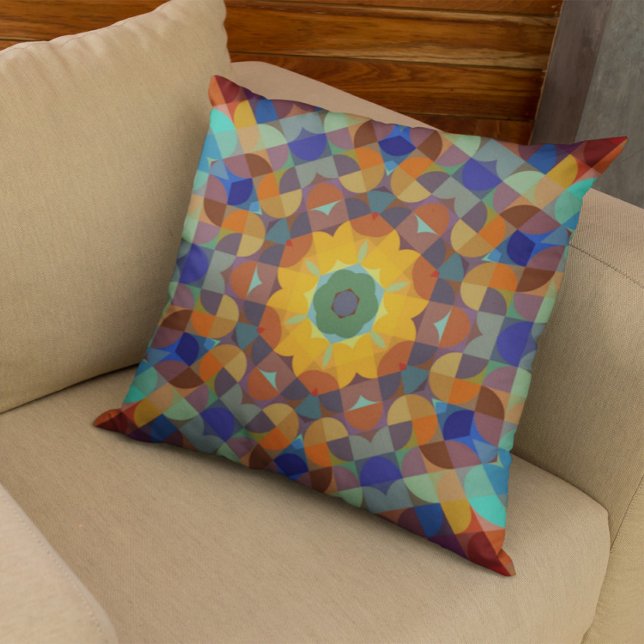 Retro Mandala Flower Orange Blue och Grönt Kudde (Skapare uppladdad)