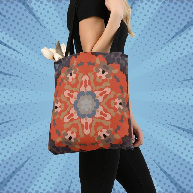 Retro Mandala Flower Orange Blue och Tan Tygkasse (Skapare uppladdad)