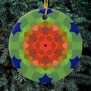 Retro Mandala Flower Orange Grönt och Blue Julgransprydnad Keramik